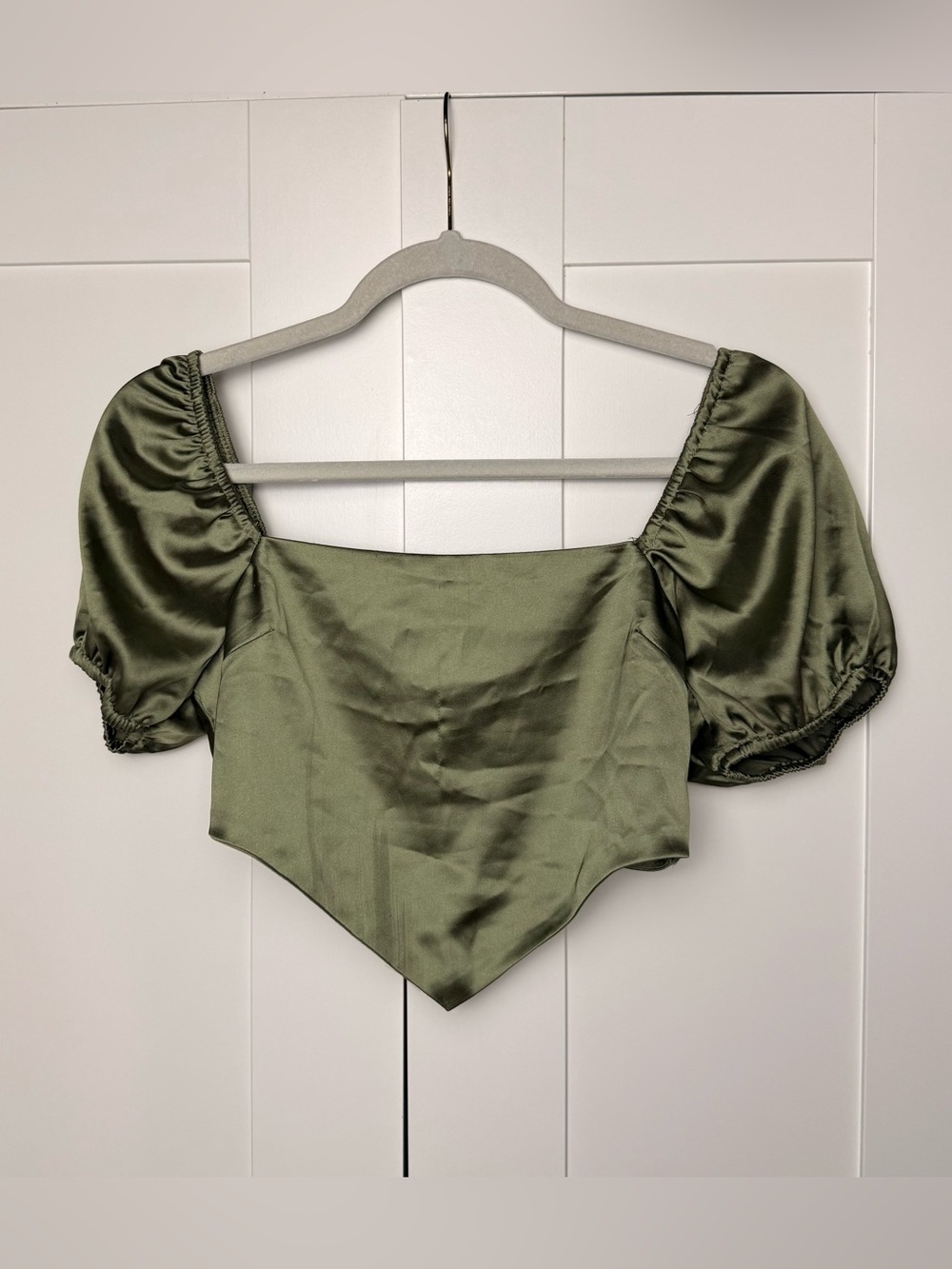 Forever 21 Olive Green Satin Corset Crop Top Puff Sleeve S